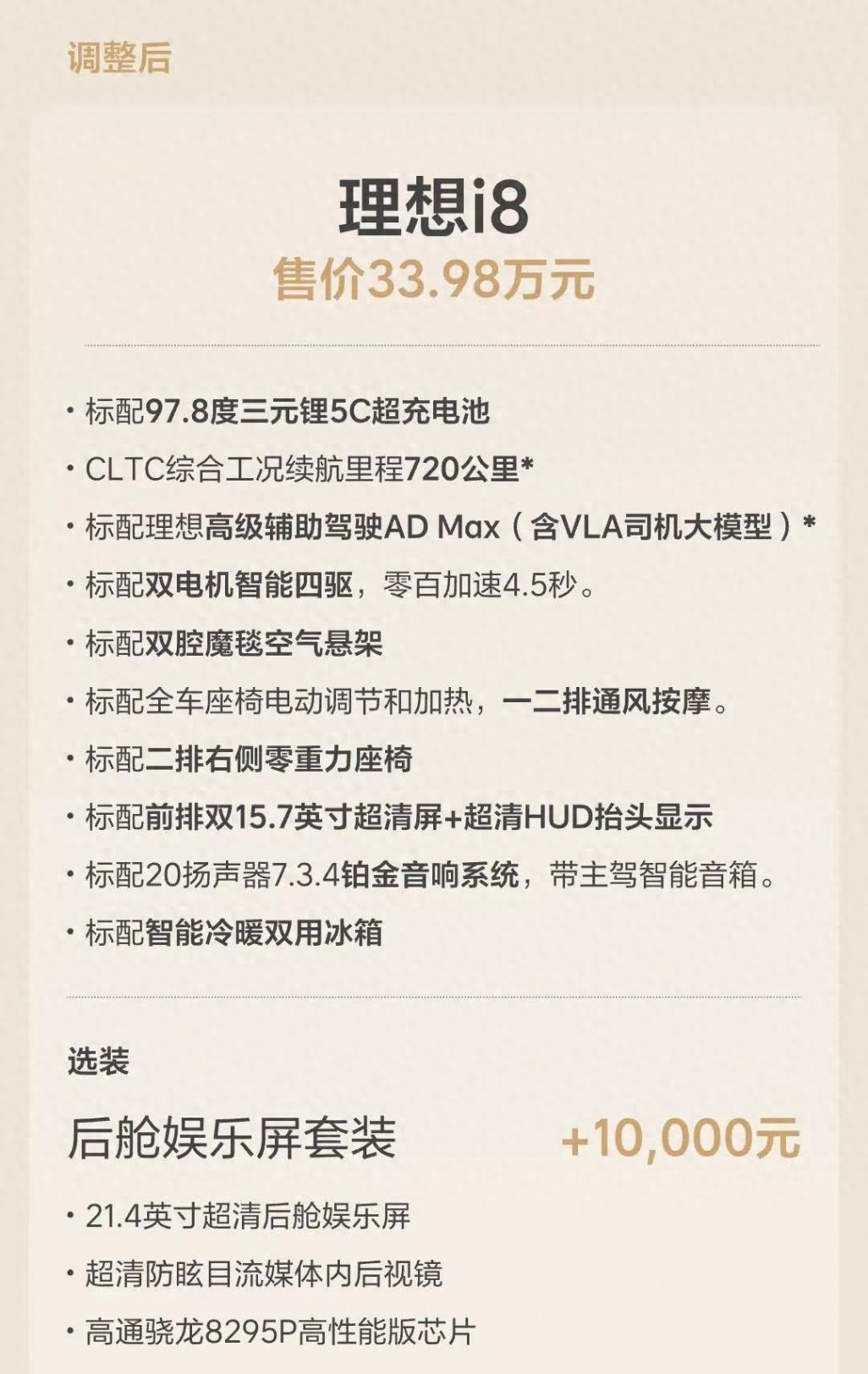 33.98萬元!理想i8統一配置售價